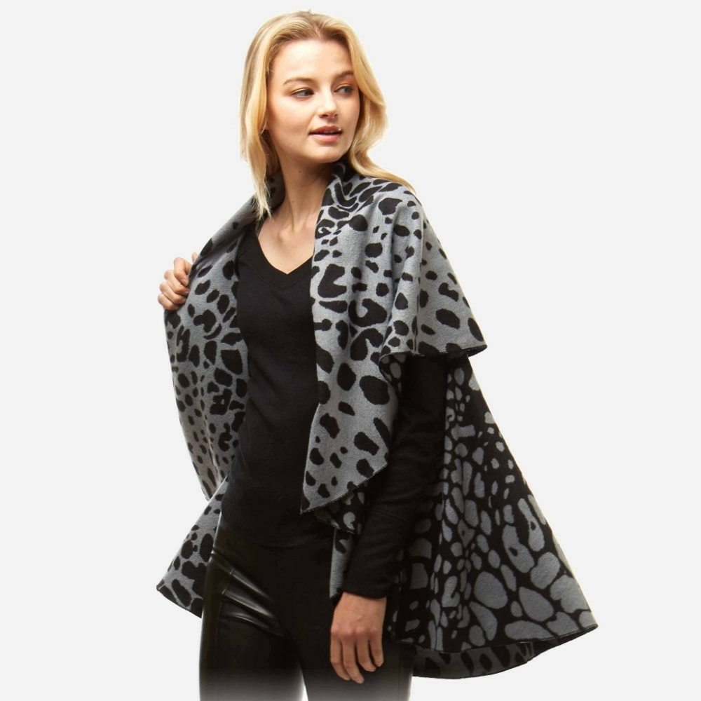 Gray Black Leopard Print Cape Vest Poncho Style